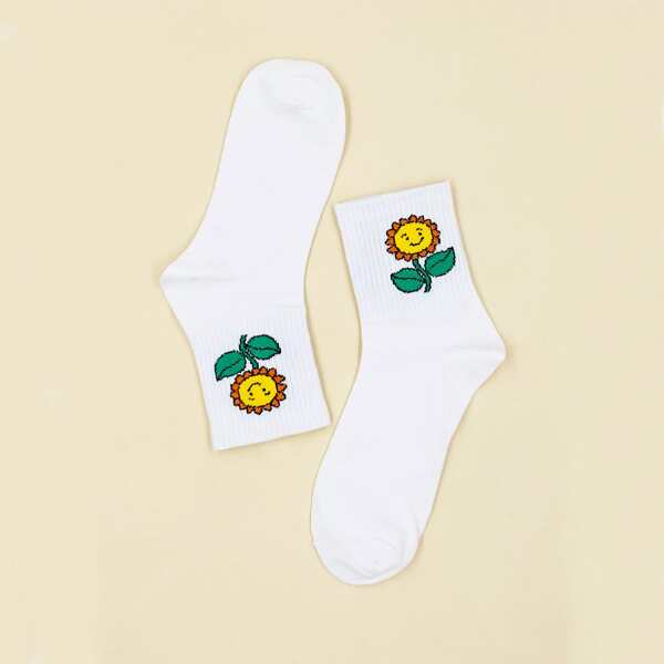 

Floral Pattern Crew Socks, White