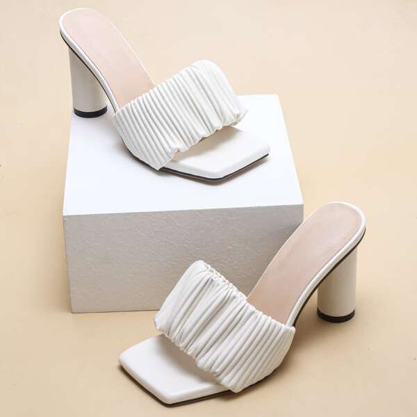 

Ruched Chunky Heeled Mules, White