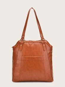 Minimalist Studded Decor Shoulder Tote Bag - Brown - View 1