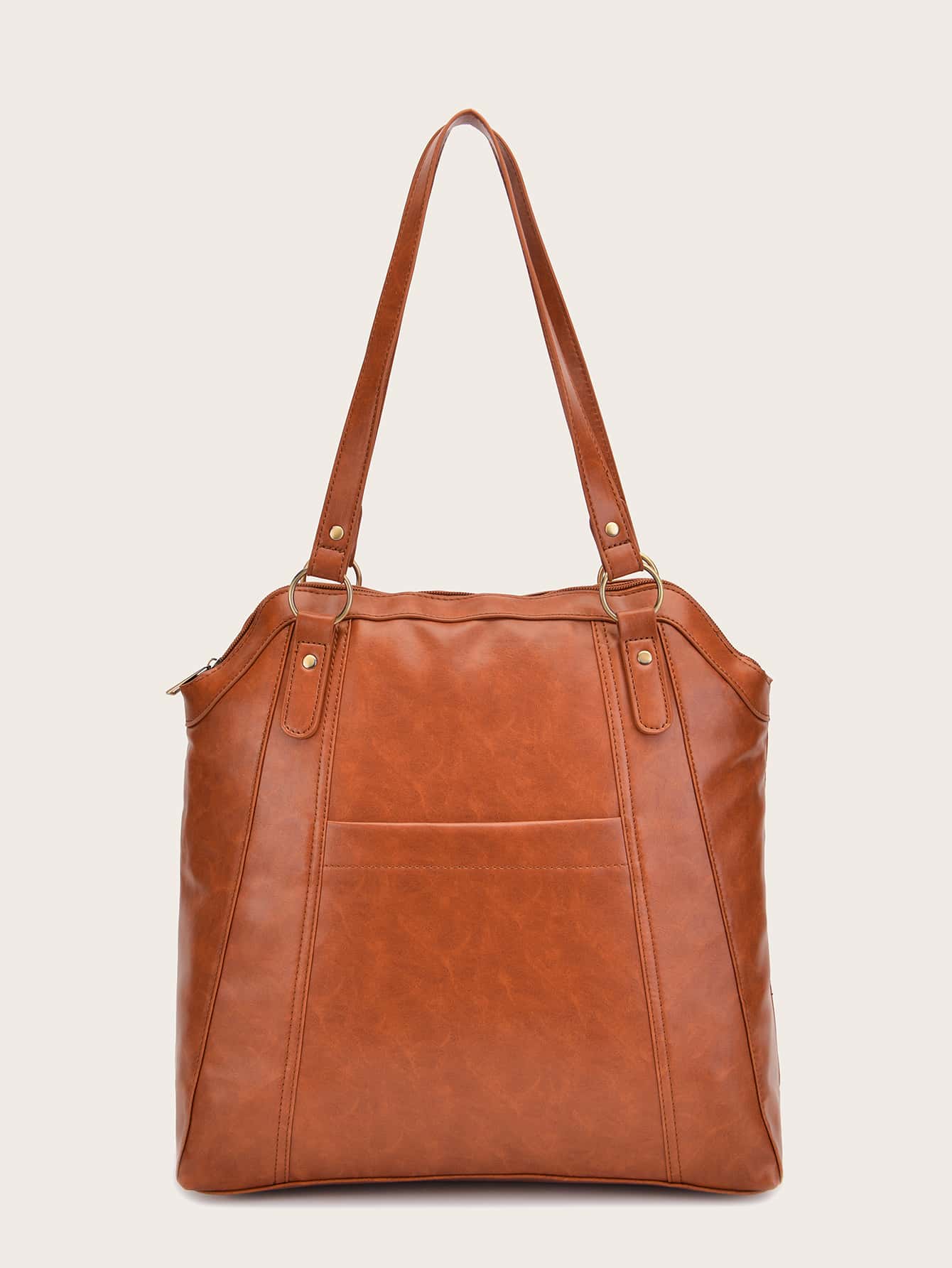 Minimalist Studded Decor Shoulder Tote Bag - Brown - View 1
