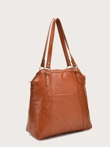 Minimalist Studded Decor Shoulder Tote Bag - Brown - View 2