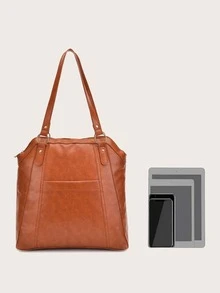 Minimalist Studded Decor Shoulder Tote Bag - Brown - View 3