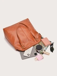 Minimalist Studded Decor Shoulder Tote Bag - Brown - View 7