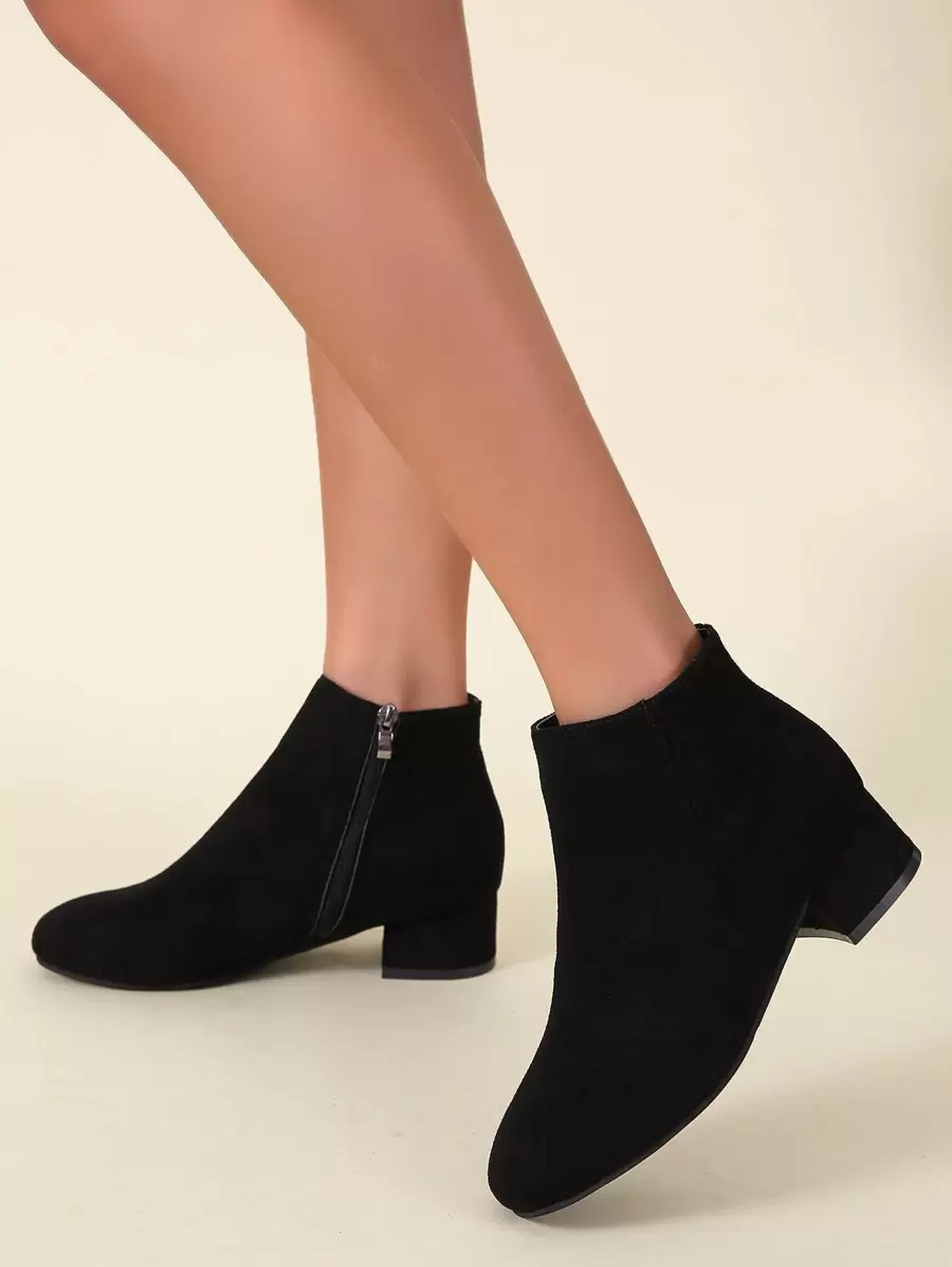 Women Suede Chunky Heel Boots, New Autumn/Winter Ankle Boots With Square Toe, Mid Heels - Black - View 1