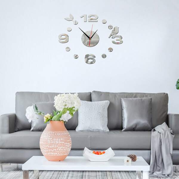 

1set Bird Design Mirror Surface Wall Clock, Silver