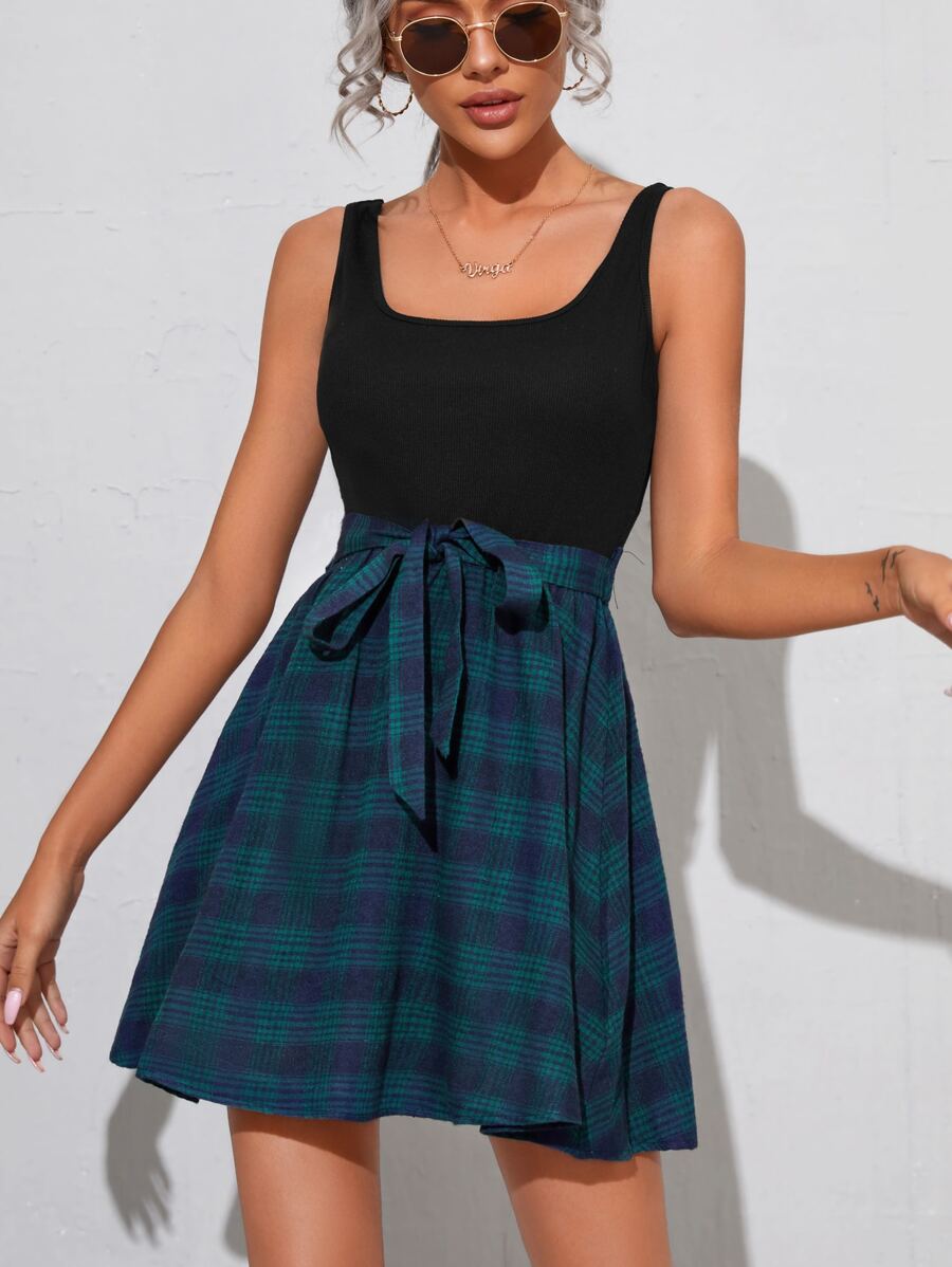 SHEIN Essnce 2 In 1 Plaid Belted Swing Dress - Multicolor - View 1