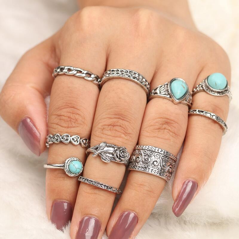 

10pcs Turquoise Decor Ring, Antique silver
