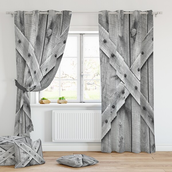 

2pcs Wooden Door Pattern Curtain, Multicolor