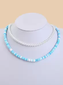 2pcs Faux Pearl & Soft Clay Beaded Necklace - Multicolor - View 1