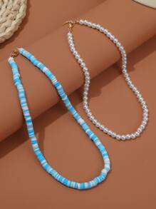 2pcs Faux Pearl & Soft Clay Beaded Necklace - Multicolor - View 2