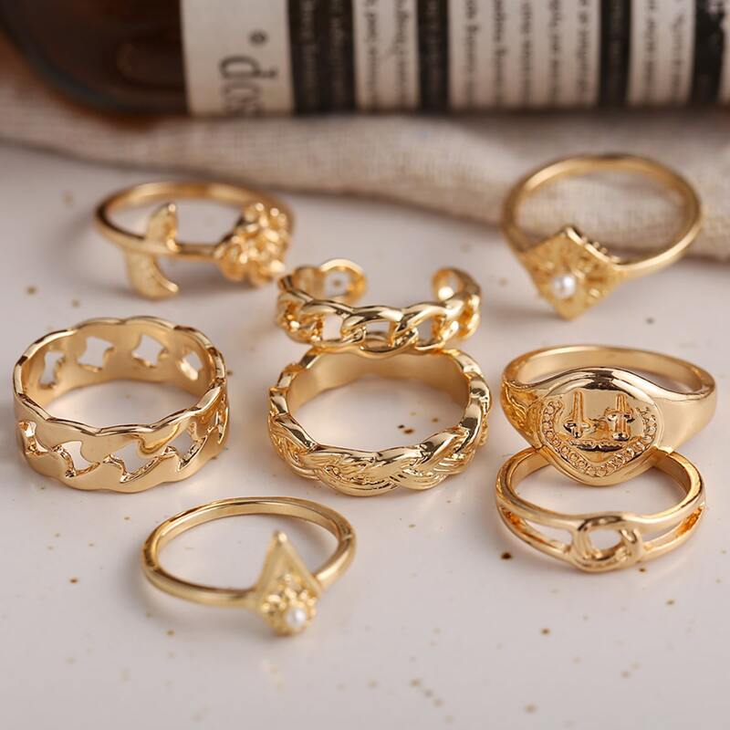 

8pcs Flower & Chain Design Ring, Gold