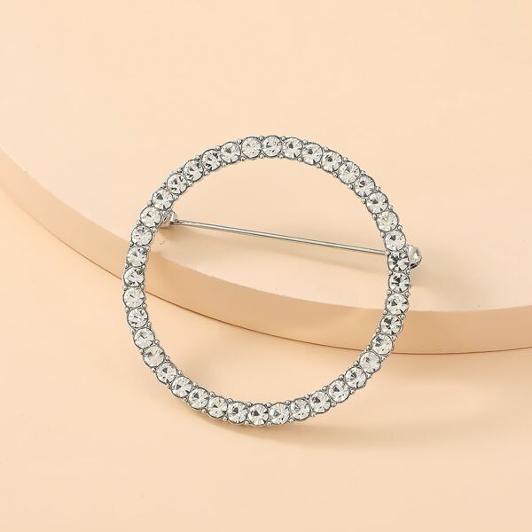 

Rhinestone Decor Round Brooch, Silver