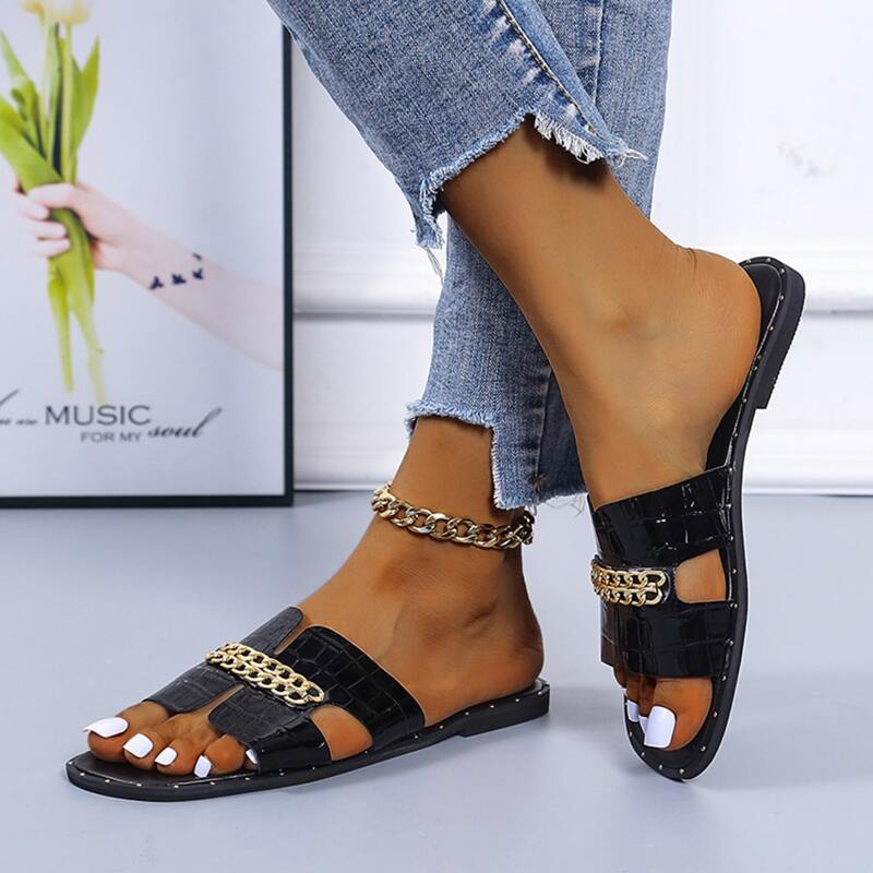 

Chain Decor Croc Embossed Slide Sandals, Black