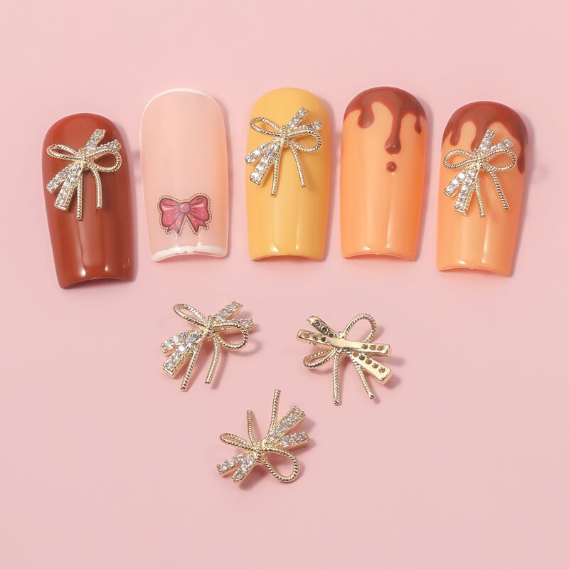 

3pcs Rhinestone Decor Bowknot Nail Art Decoration, Gold