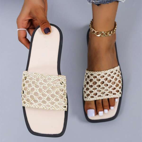 

Braided Hollow Out Slide Sandals, Beige