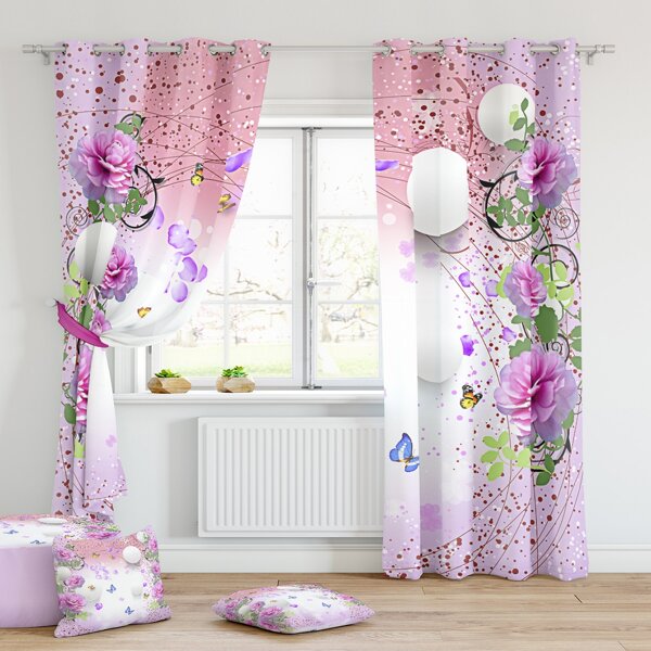 

2pcs Flower Print Blackout Curtain, Multicolor