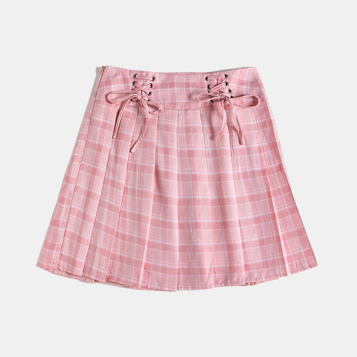 

Plaid Lace Up Pleated Skirt, Pink