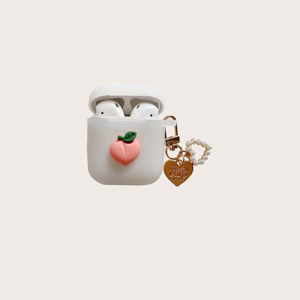 

Peach Decor Case For Airpods With Heart Pendant, White