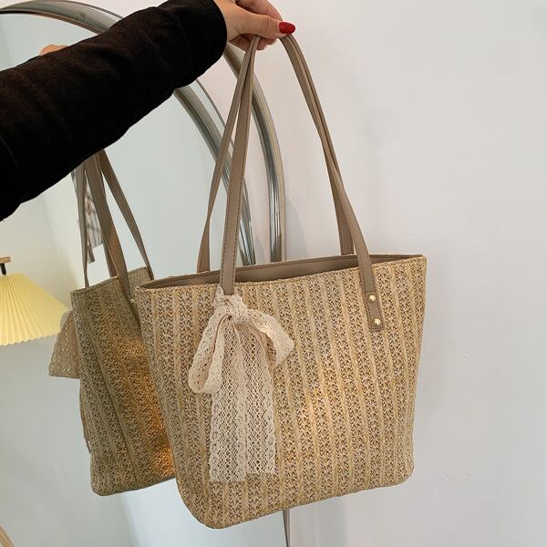 

Bow Decor Straw Tote Bag, Khaki