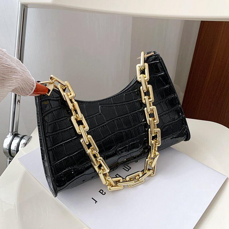 

Croc Embossed Chain Shoulder Bag, Black