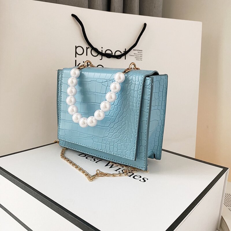 

Faux Pearl Handle Croc Embossed Satchel Bag, Blue