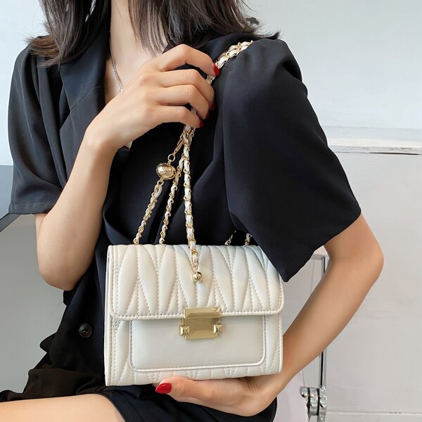 

Twist Lock Quilted Shoulder Bag, Beige