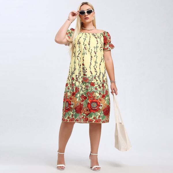 

Plus Floral Print Flounce Sleeve Dress, Multicolor