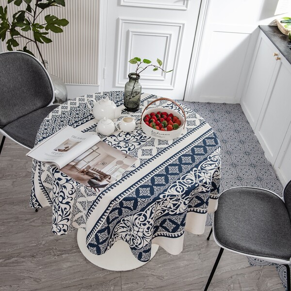 

Graphic Print Round Tablecloth, Blue and white