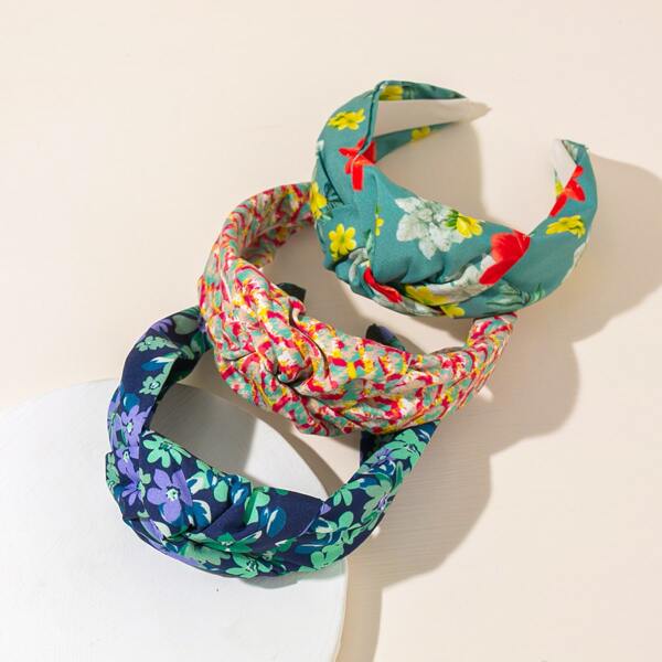

3pcs Flower Print Wide Headband, Multicolor