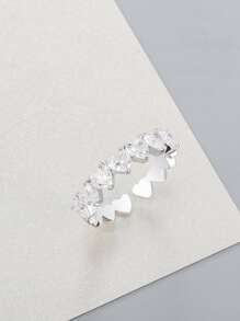 1入組方晶鋯石愛心裝飾開口戒指銅首飾類 - 銀色 - 查看 1