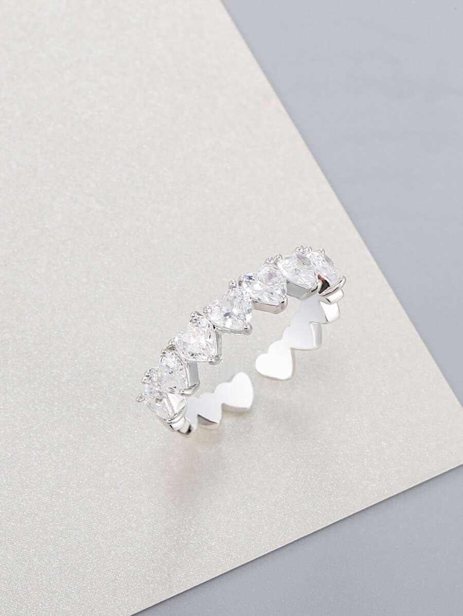 1入組方晶鋯石愛心裝飾開口戒指銅首飾類 - 銀色 - 查看 1