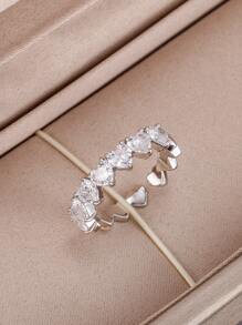 1入組方晶鋯石愛心裝飾開口戒指銅首飾類 - 銀色 - 查看 2