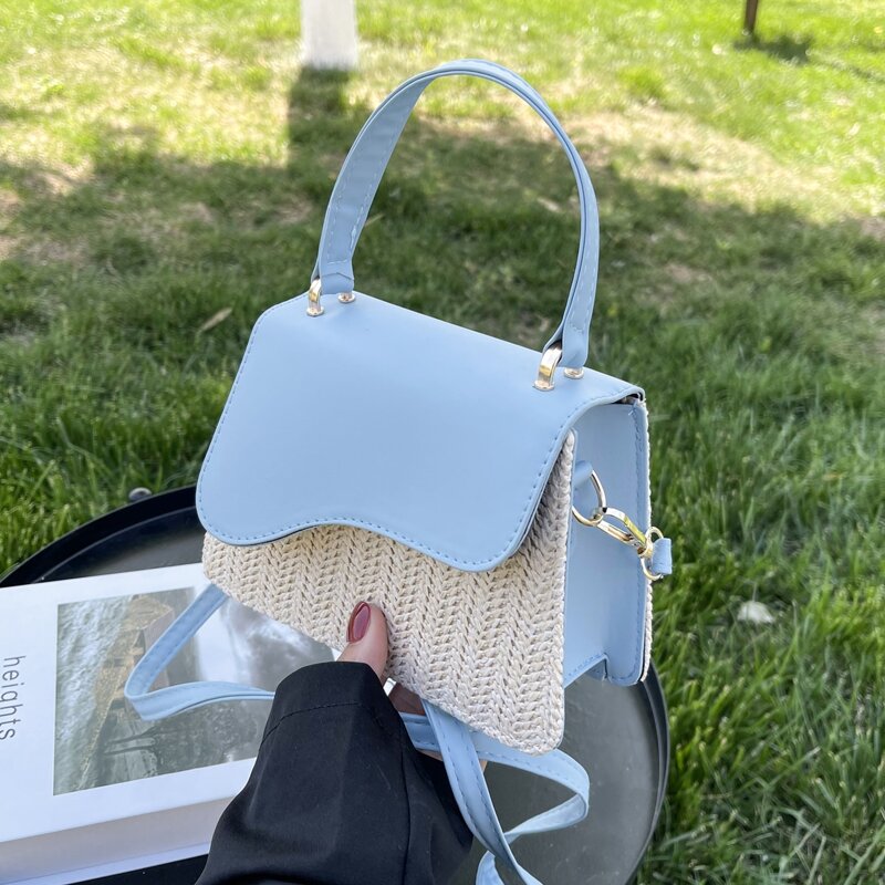 

Top Handle Flap Straw Bag, Blue