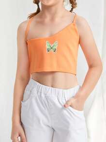 Girls Butterfly Print Asymmetrical Knit Cami Top - Orange - View 1