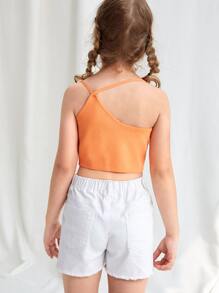 Girls Butterfly Print Asymmetrical Knit Cami Top - Orange - View 2