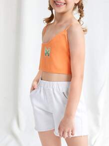 Girls Butterfly Print Asymmetrical Knit Cami Top - Orange - View 3