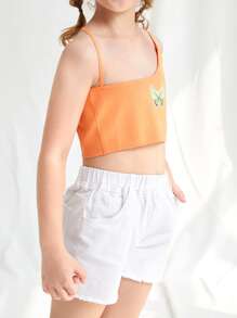 Girls Butterfly Print Asymmetrical Knit Cami Top - Orange - View 4
