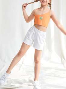 Girls Butterfly Print Asymmetrical Knit Cami Top - Orange - View 5