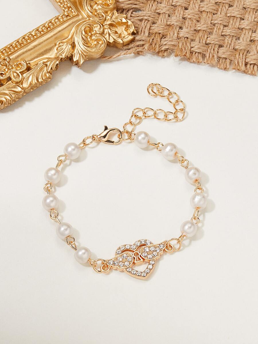 Ngọc trai Giả & Pha lê Trang trí trái tim Vòng tay - Vàng - Xem 1