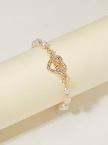 Ngọc trai Giả & Pha lê Trang trí trái tim Vòng tay - Vàng - Xem 2