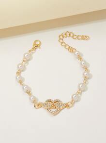 Ngọc trai Giả & Pha lê Trang trí trái tim Vòng tay - Vàng - Xem 3