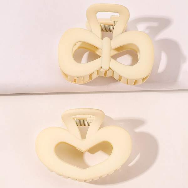 

2pcs Bow & Heart Design Hair Claw, Beige