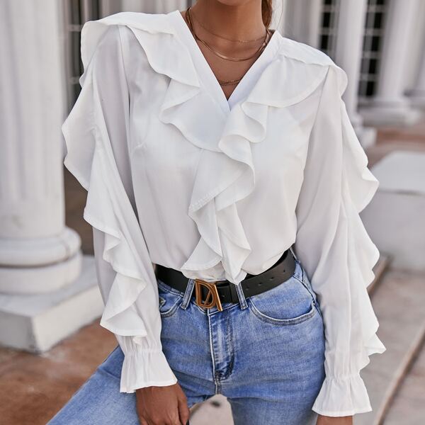 

Solid Ruffle Trim Blouse, White