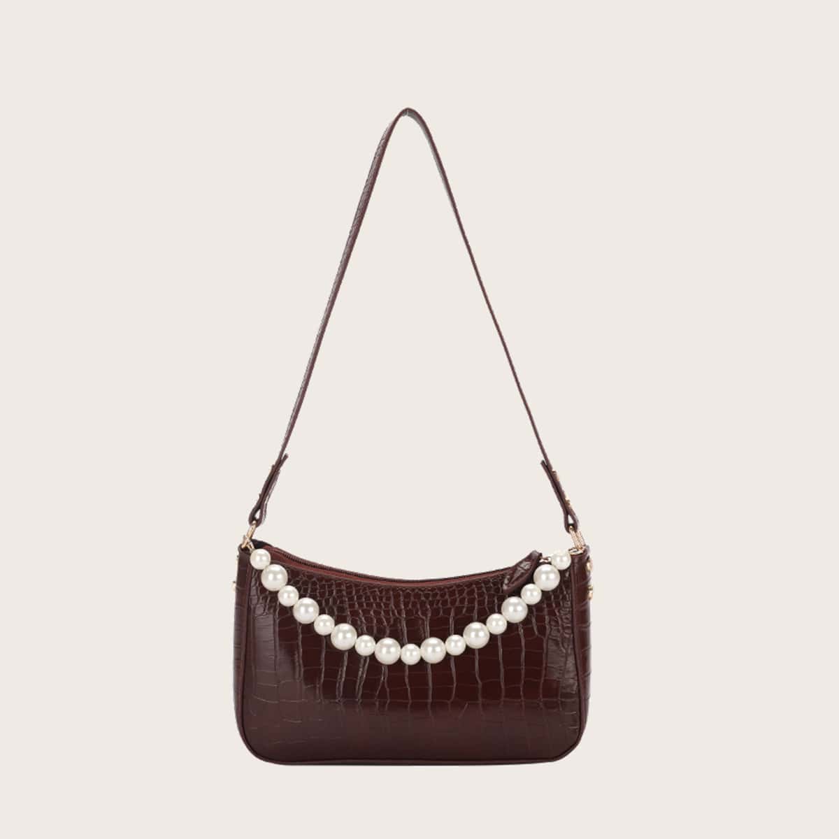 

Faux Pearl Handle Croc Embossed Satchel Bag, Brown