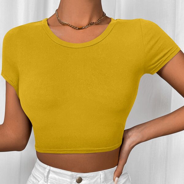 

Scoop Neck Solid Crop Top, Mustard yellow