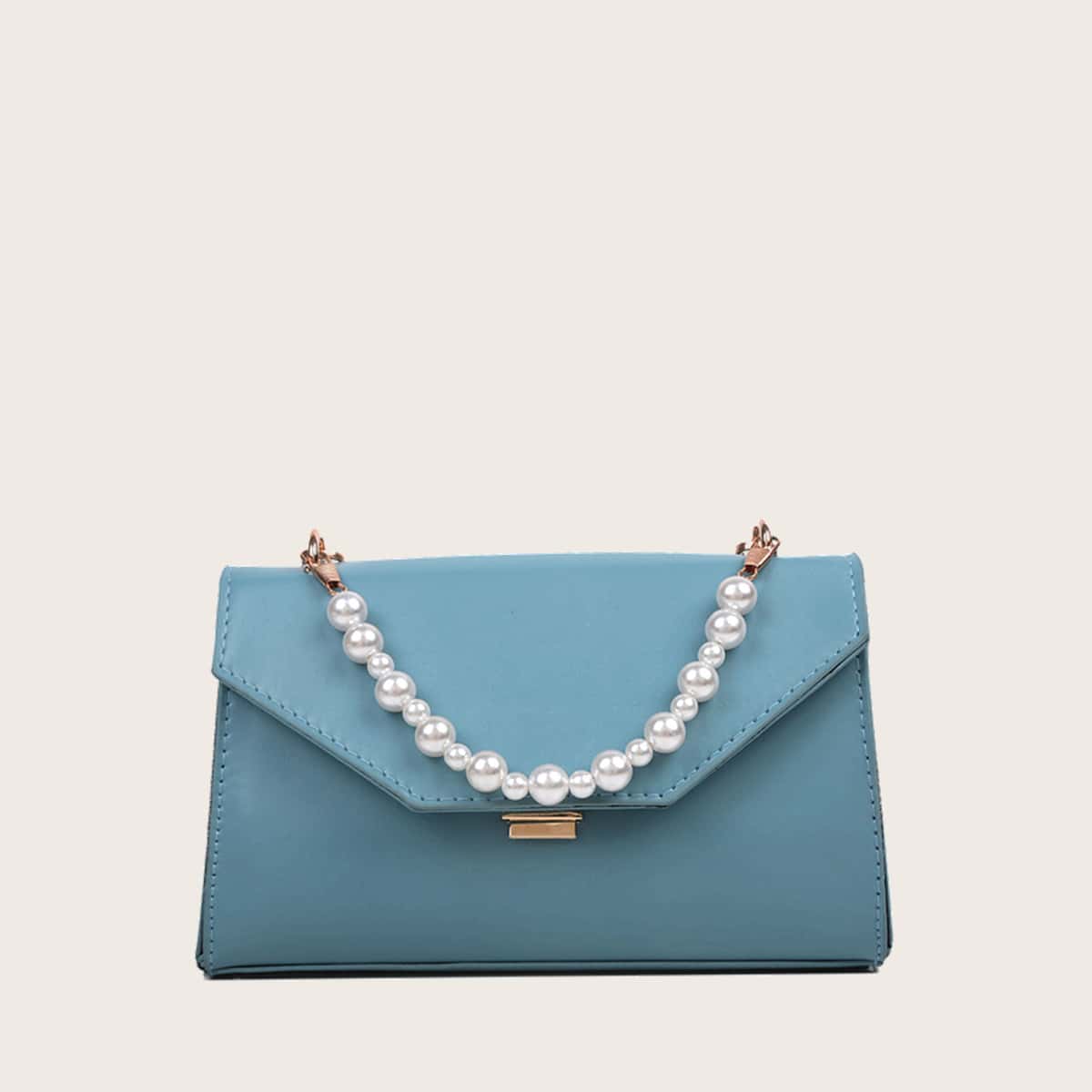 

Faux Pearl Handle Satchel Bag, Blue