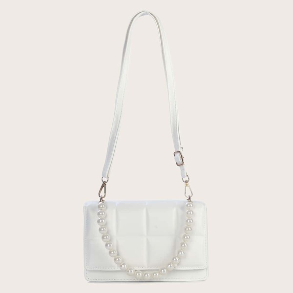 

Faux Pearl Decor Flap Satchel Bag, White