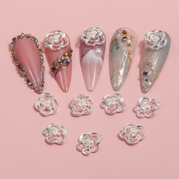 

10pcs Flower Nail Art Decoration, Silver