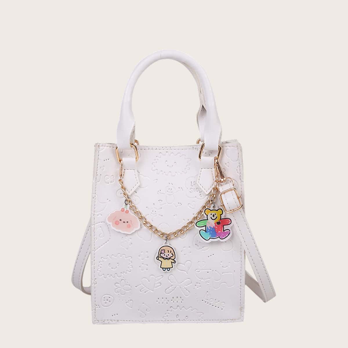

Chain Decor Cartoon Embossed Satchel Bag, White