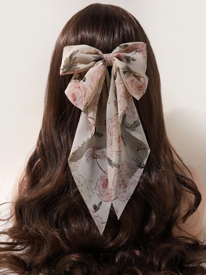 花朵印花蝴蝶结装饰发夹，可爱花朵发夹，情人节爪夹，发爪，发卡，学习用品，优雅，学院风，蝴蝶结，发饰，头部饰品